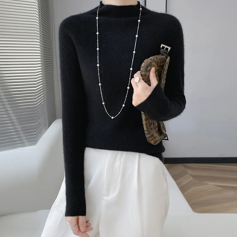 Women's sweater semi-high neck basic pullover sweater autumn and winter 100% merino wool slim solid color sweater top