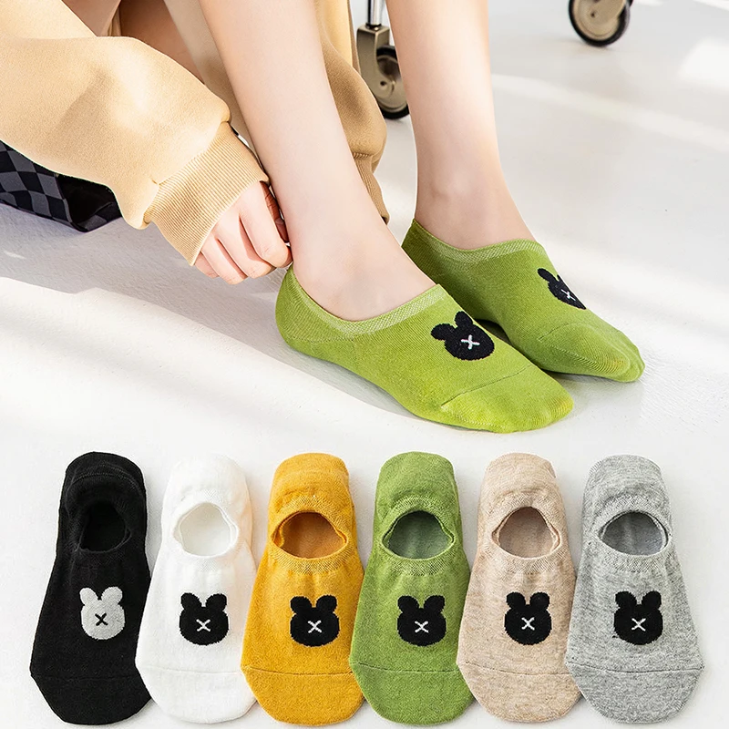 6 Paar japanische Damen-Baumwollsocken für den Sommer, niedliche einfarbige Cartoon-Bär-Socken, lustige Socken, atmungsaktiv, weich, rutschfest, unsichtbare Socken