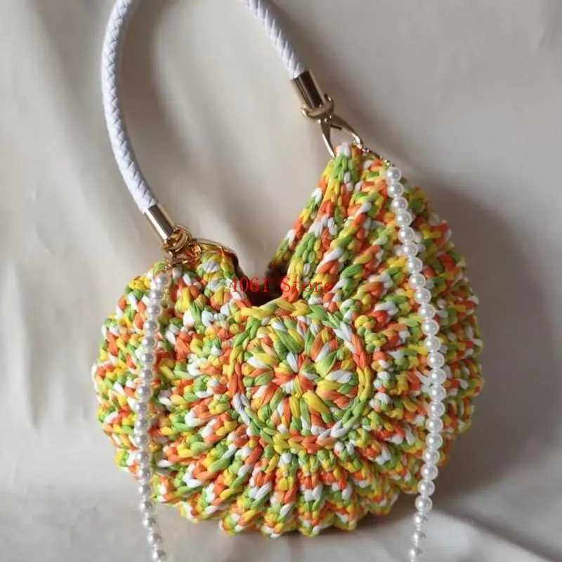 

Unique Handwoven Conch Shell Shoulder Bag Faux Pearls Chain Decors Candy Colored Polyester Beach Bag For Ladies