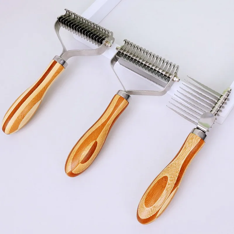 الكلب مشط سكين فرشاة للكلاب الخيزران على الوجهين القط مشط الفولاذ المقاوم للصدأ مزيل شعر الحيوانات الأليفة خشب متين عقدة الشعر تنظيف الكلاب فرشاة