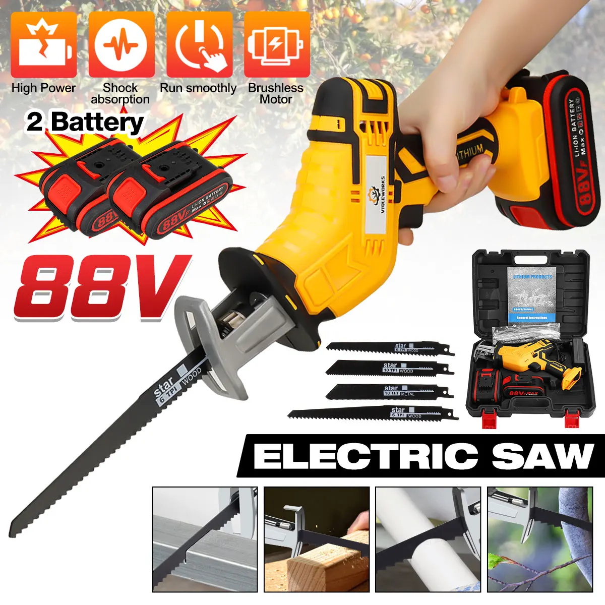 

88V Cordless Reciprocating Saw Metal Wood Pipe Cutting Tool Handsaw Rechargeable Li-ion Battery with 4psc Blades