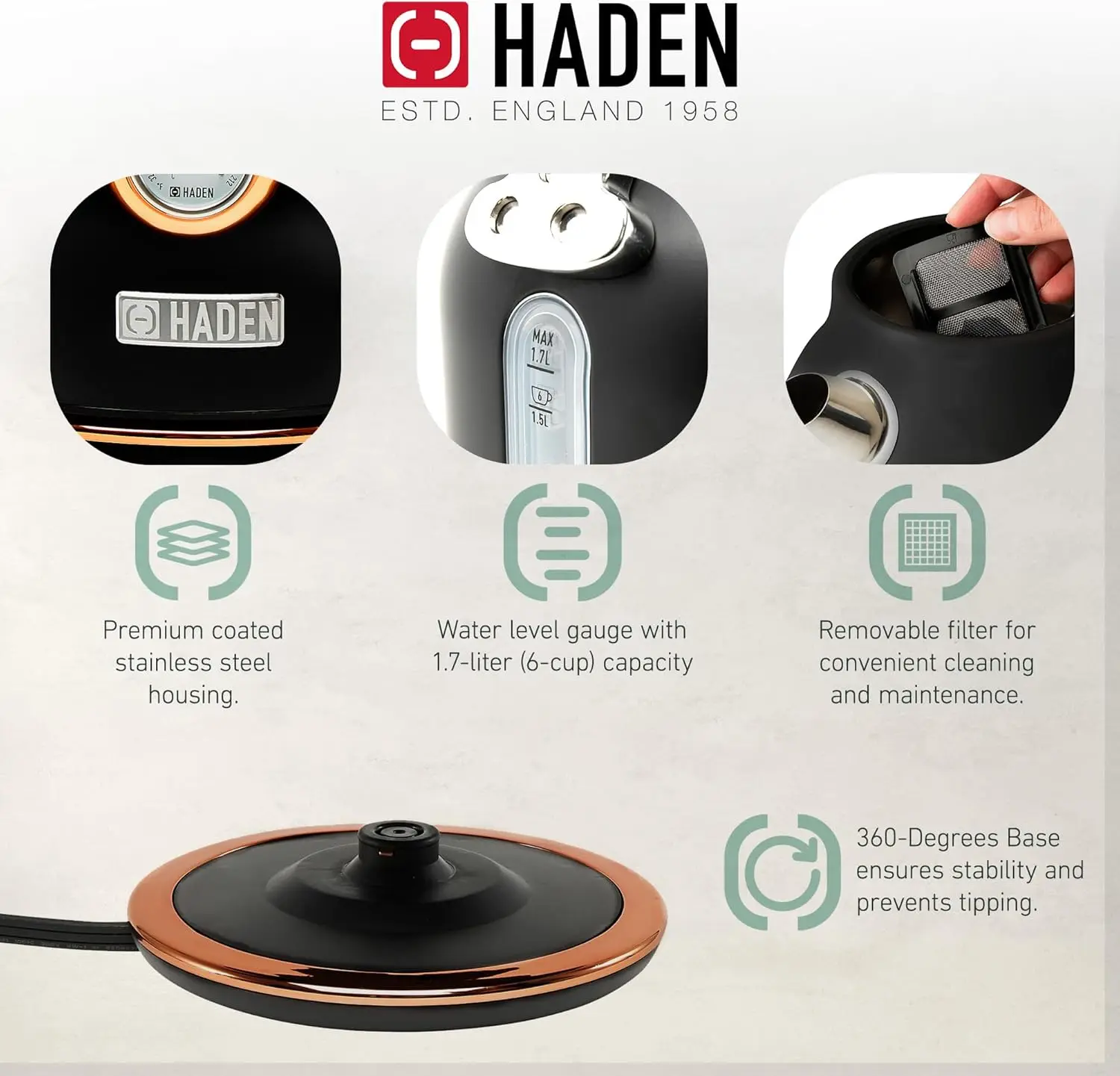 غلاية كهربائية من الفولاذ المقاوم للصدأ سعة 1.7 لتر مع قاعدة 360 درجة مع شريحتين وفتحة واسعة من الفولاذ المقاوم للصدأ، Bl