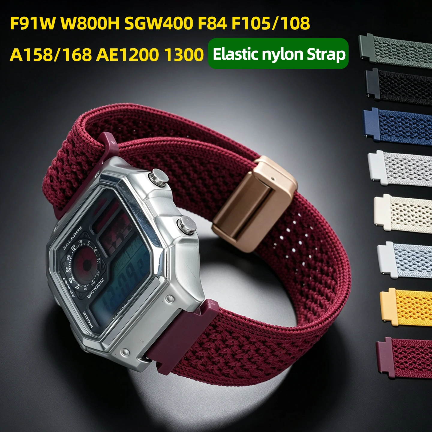 For Casio F91W W800H SGW400 F84 F105/108 A158/168 AE1200 1300 WS1700/1600 Elastic nylon Watch Strap 18mm Magnetic folding buckle