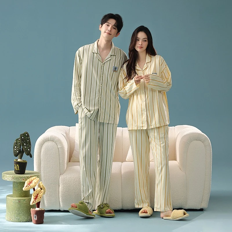

Autumn Couple Anti Bacterial 100% Pure Cotton Pajamas Set Fashion Women's High-end Long Sleeve Striped Sleep & Lounge Home Suit