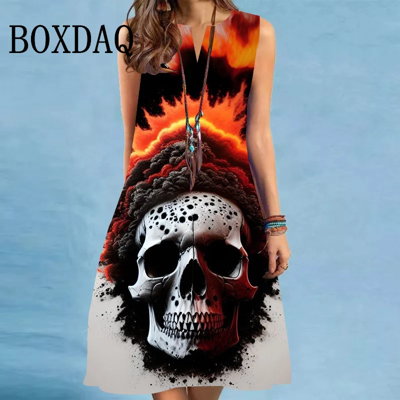 Fashion Tie Dye Gradient 3D Skull Dresses For Women 2025 New Summer Sleeveless Loose Midi Dress Casual V-Neck Party A-Line Dress