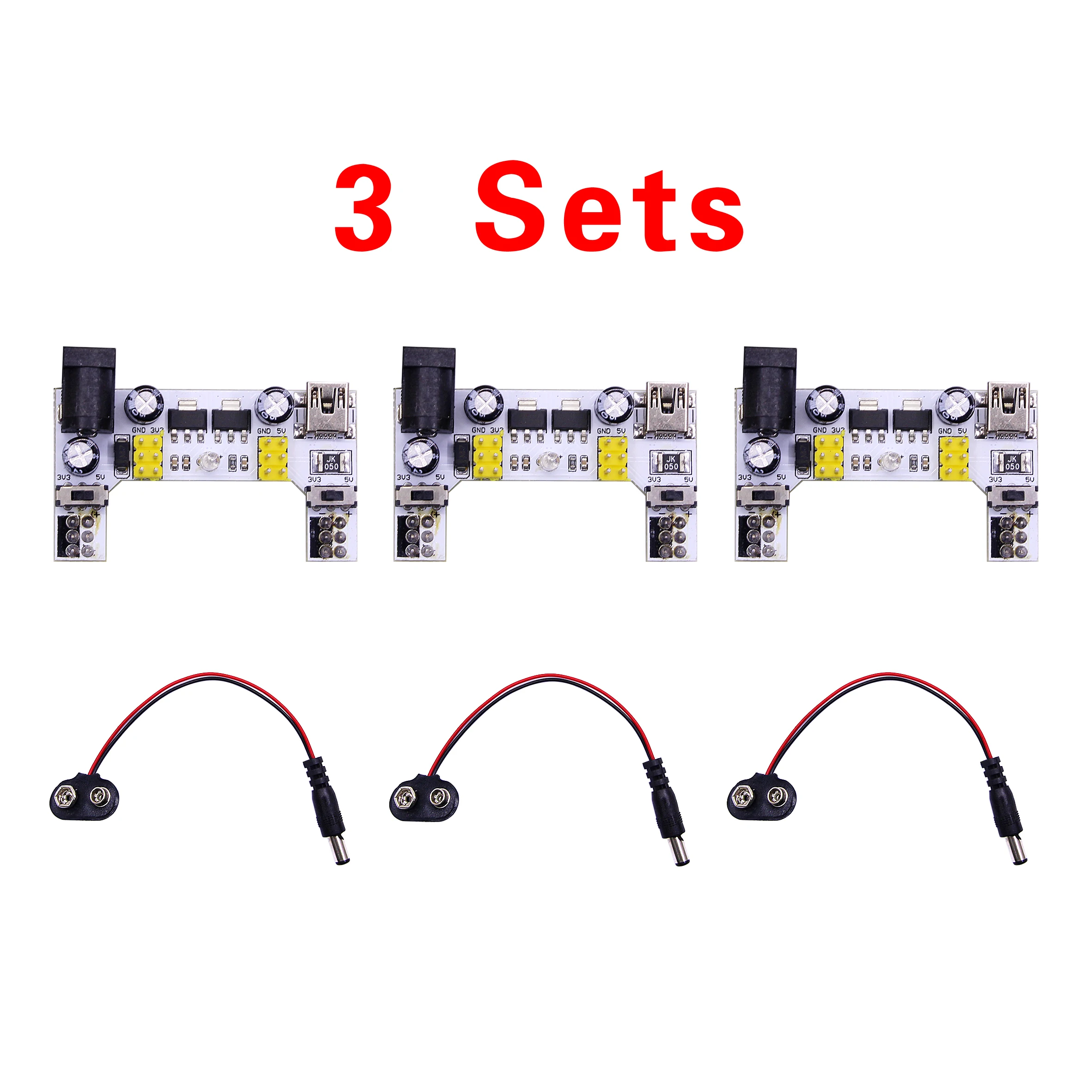 3 Sets MB102 Solderless Breadboard Power Supply Module 3.3V 5V with 9V Battery Clip 2.1x5.5mm Male DC Jack Plug for Electronics