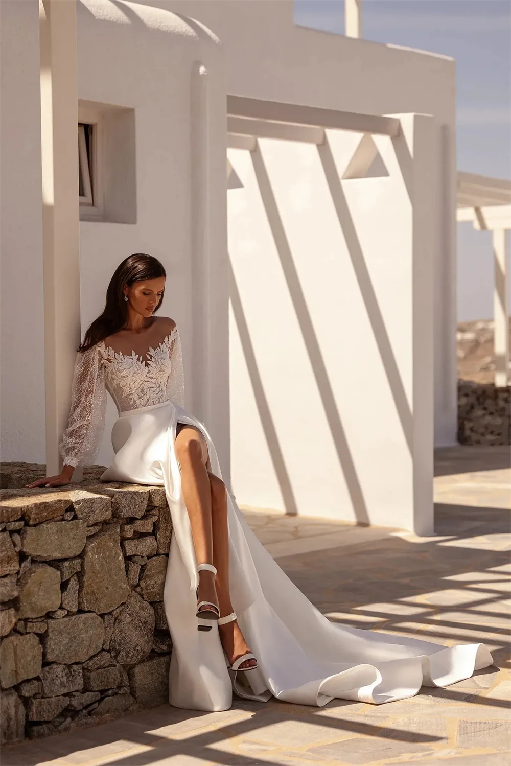 Tokyo Customized White Off the Shoulder Wedding Dresses Long Sleeve Back Zip A-Line Bridal Gown Side High Split Wedding Gown