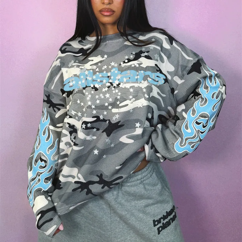 Unisex Y2K Sweet & Cool Long Sleeve Top, Camouflage Print Flame Sleeve T-Shirt, Casual Daily Streetwear for Men and Women