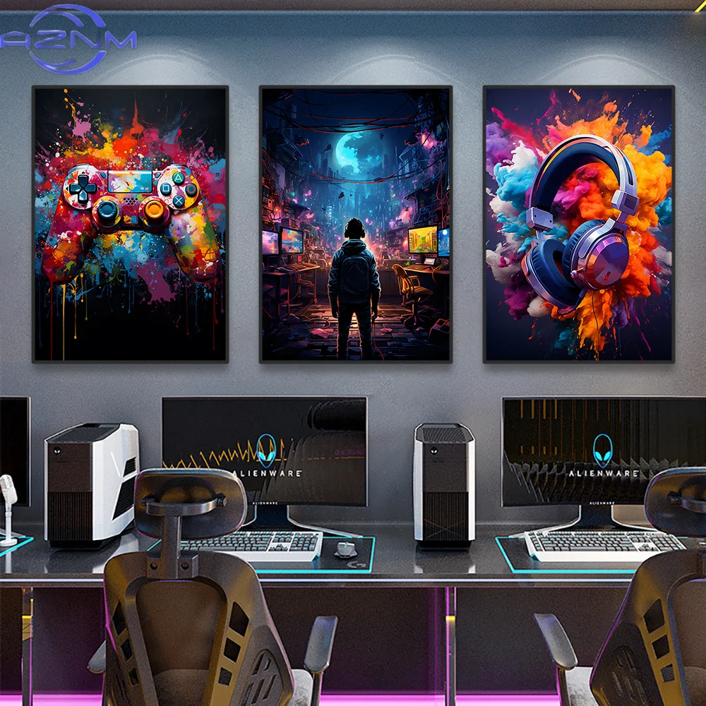 80s 90s Colorful Neon Cyberpunk Wall Art Poster Prints Game Controller Earphones Canvas Painting Picture for Room Home Decor