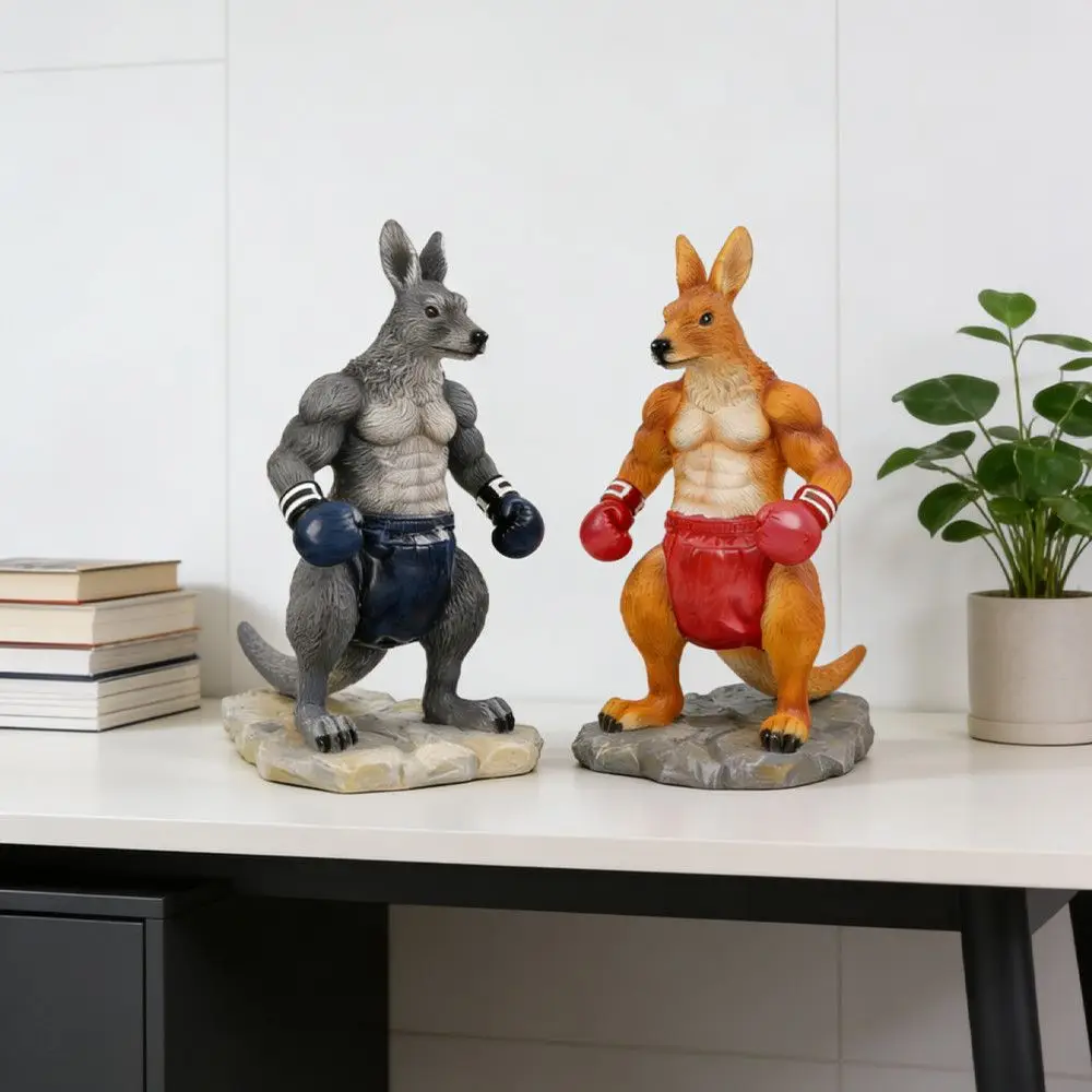 Action Boxing Kangaroo Bear Resin Statue, Playful Animal Sculpture for Desk Shelf Wine Cabinet, Unique Home Office Decor Gift