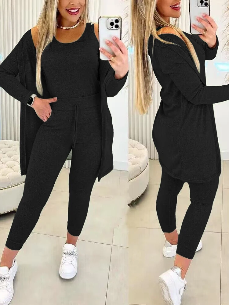 Fall Three Piece Set 2023 Casual Tank Top & Drawstring Pants Set & Coat Pants Sets Women Suits Long Matching 3 Pieces Sportwear