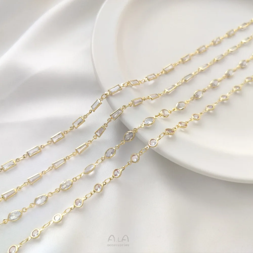 

14K Gold Color Geometric Round Oval Heart Pentagram Zircon Chain Handmade DIY Jewelry Loose Chain