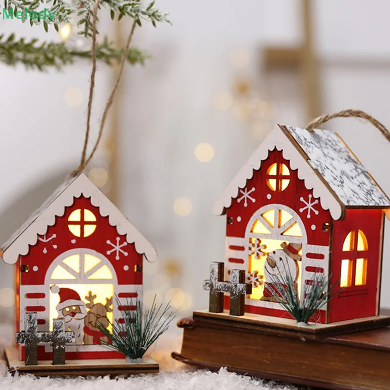 LED خشبية عيد الميلاد منزل صغير عيد الميلاد الثلوج منازل خشبية الشتاء قرية بناء التماثيل الجدول الحلي عطلة ديكور الحفلات