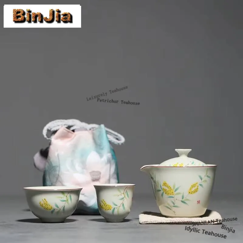 

Hand Drawn Fingered Citron Tea Set Kit Handmade 1 Pot 2 Cups Tea Brewing Outdoor Portable Travel Tea Set Cloth Storage Bag Gift