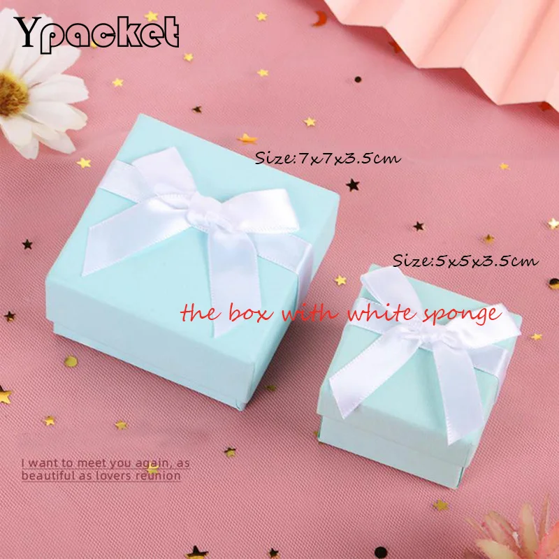 

Square Jewelry Organizer Box Engagement Ring For Earrings 5x5x3.5cm Light Blue Gift Storage Cases White Bow Paper Packaging Box