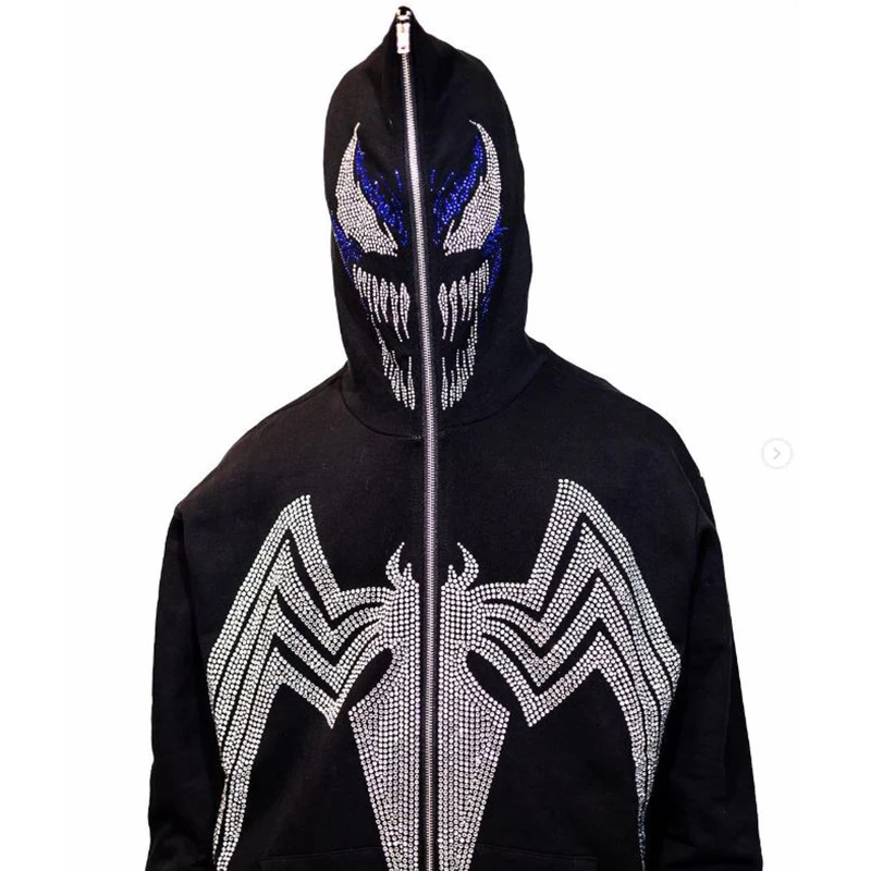 2022 Rhinestone Bully Spider Print Men's Full Zip Hooded Sweatshirt Y2K Hip Hop Street Style Zip Hooded Jacket Sweatshirt