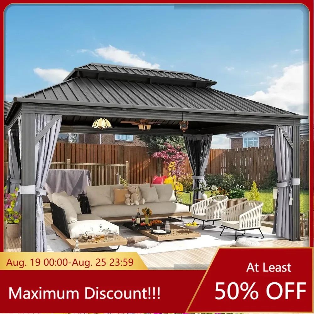 

Hardtop Gazebo, Outdoor Aluminum Gazebo with Galvanized Steel Double Roof, Permanent Metal Pavilion with Netting, Curtains