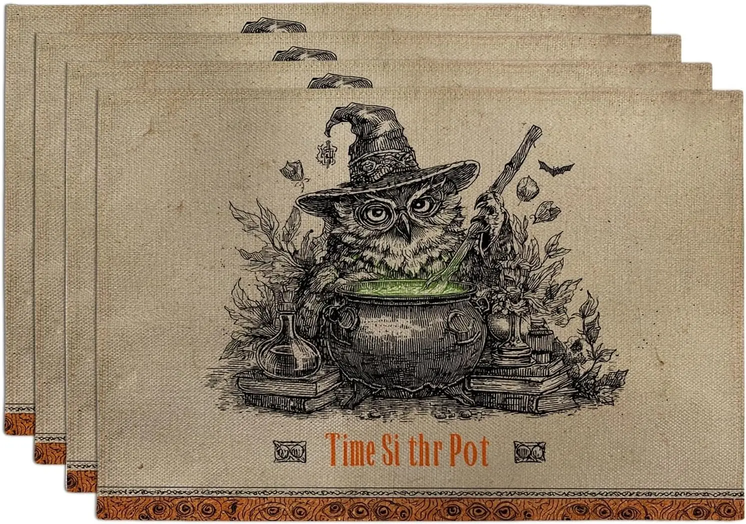 Halloween Owl Placemats, Beige Vintage Witch Design Table Mats for Dining, Non-Slip Washable Indoor Outdoor Placemat Set of 4