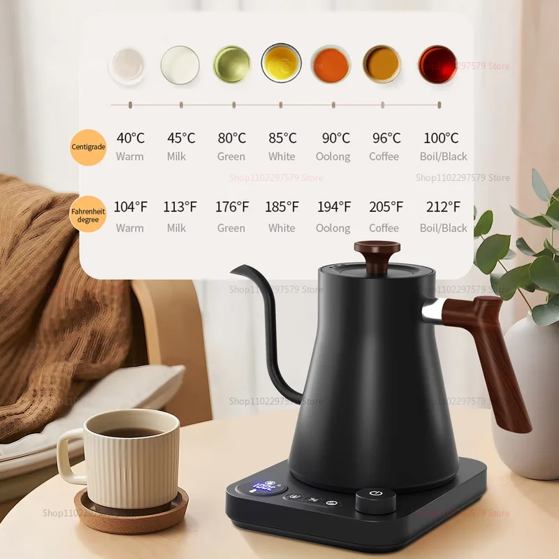 Bule de café artesanal para viagem, portátil, 0,9l, pescoço de ganso, aço inoxidável, temperatura constante inteligente, chaleira elétrica