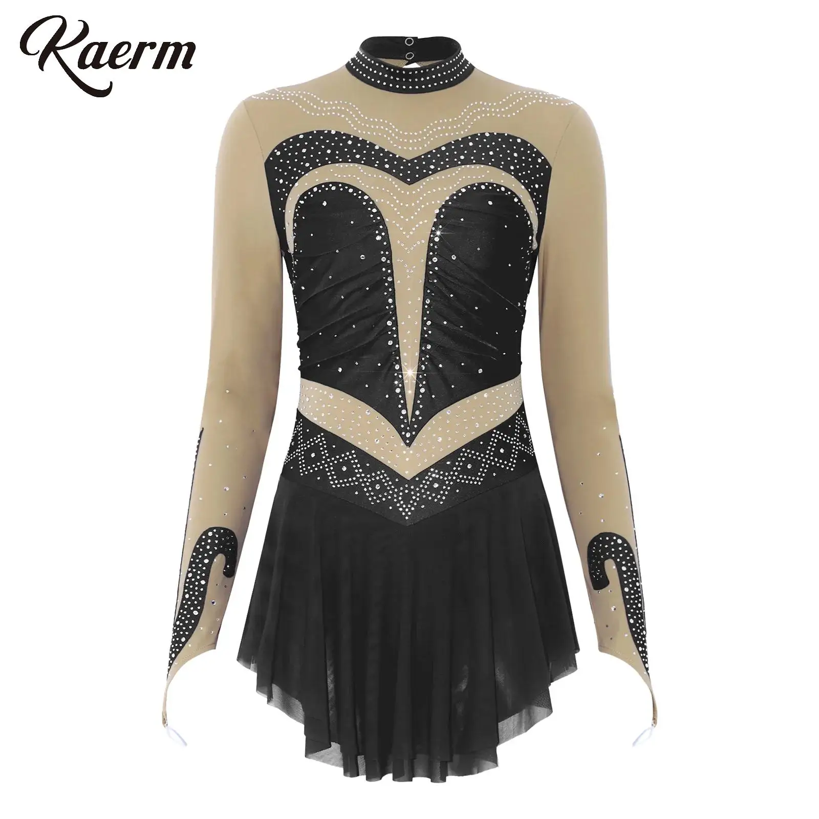 

Women Rhinestones Figure Ice Skating Dress Color Block Long Sleeve Mesh Gymnastics Ballet Leotard Contemporary Lyrical Dancewear