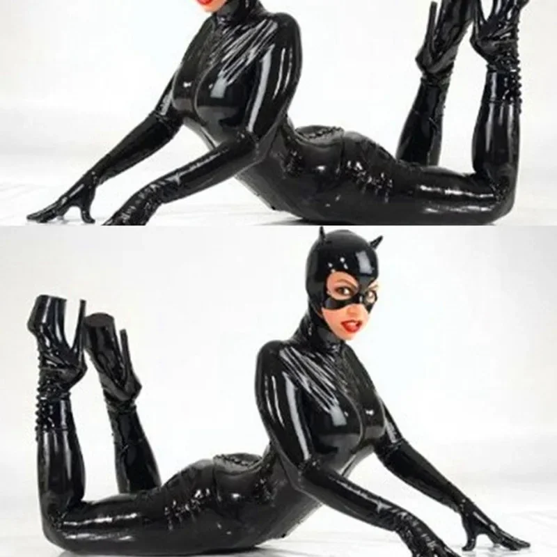 Latex Catsuit Faux Leather Women Jumpsuit Wetlook Stretch PVC Bodysuit Lingerie