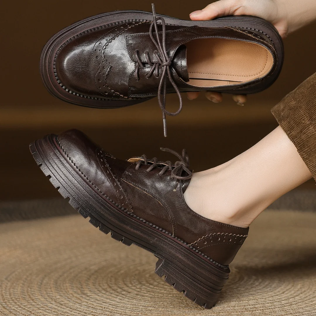 

Women's sheepskin carving British style lace-up thick sole platform flats oxfords high quality soft comfortable punk daily shoes
