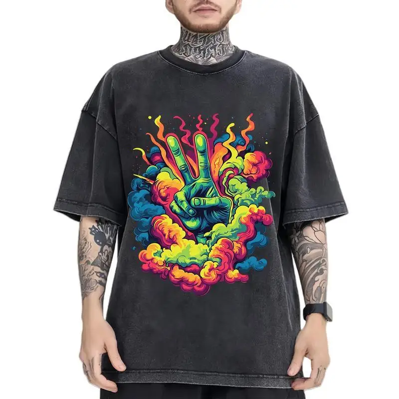 

Vintage Washed Peace Sign T-Shirt Men Women Colorful Smoke Graphic Print Hip Hop Streetwear Oversized Tee Summer Fashion Top