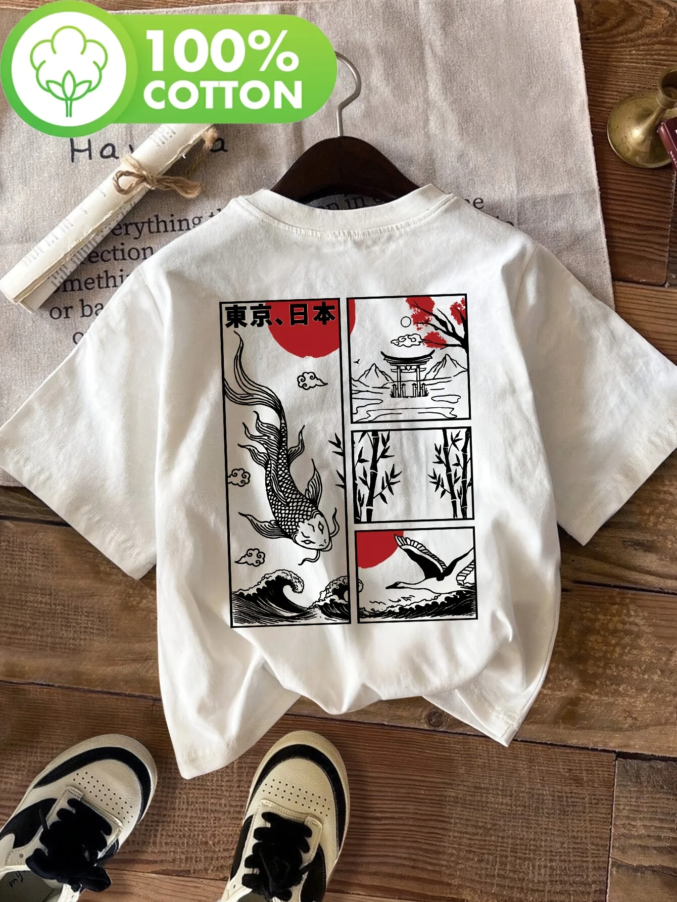 Loose 100% Cotton Manga Women's Japanese Koi Fish & Bamboo Print T-Shirt Short Sleeve Crew Neck Casual Top Tee