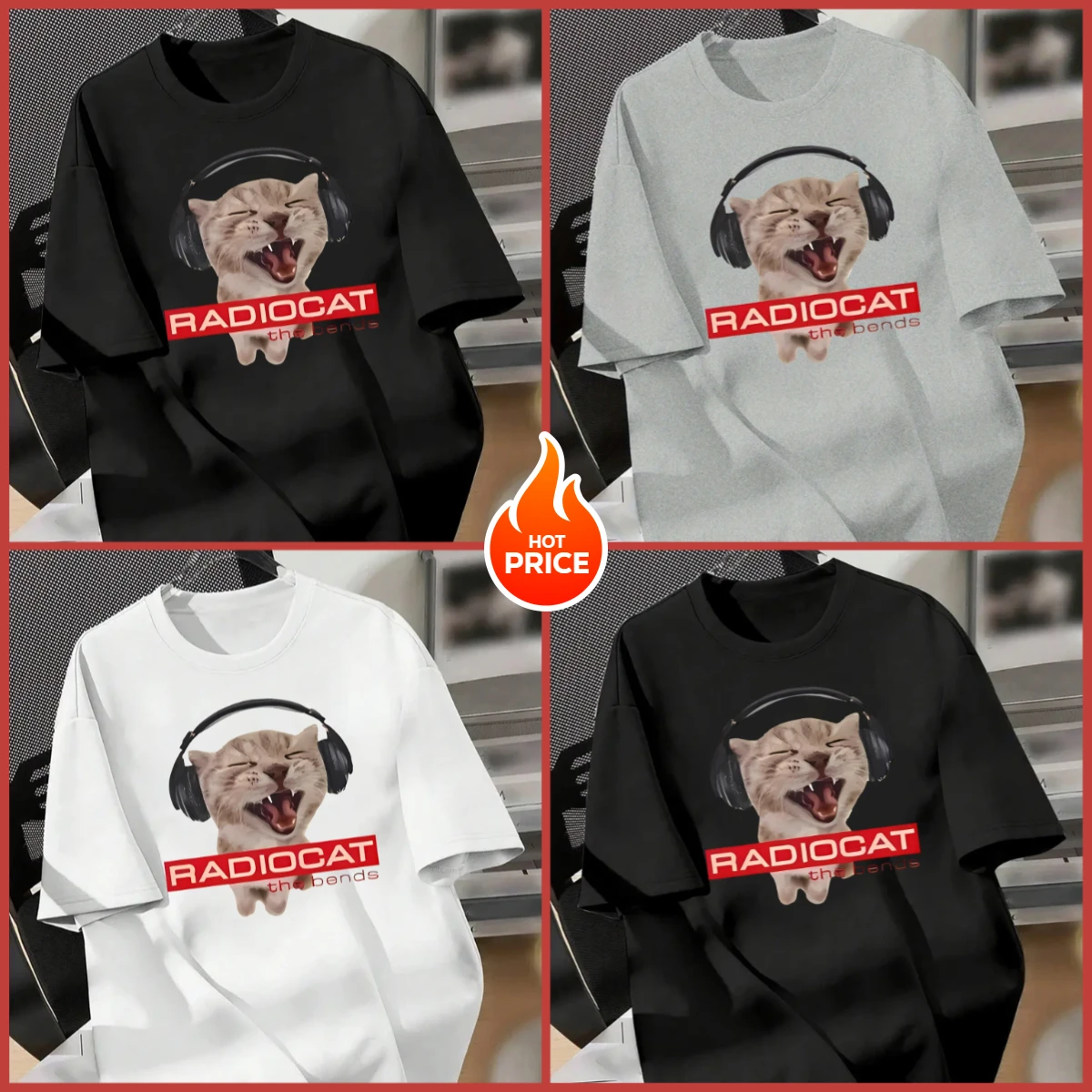 

[Everyday Comfort] Unisex "RADIO CAT" Graphic Tee - Y2K Style, Short Sleeve, Crew Neck, Stretchy Polyester Blend,