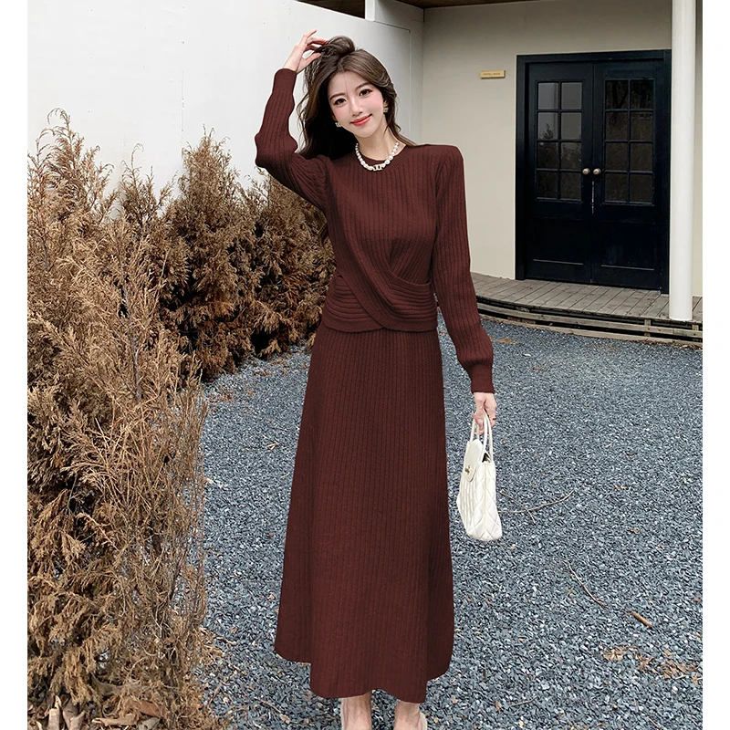 

Women Elegant Casual Long Sleeved O-neck Sweater Knitted Mid-calf Length Skirts Two-piece Set Korean Fashion Tide Autumn 2025
