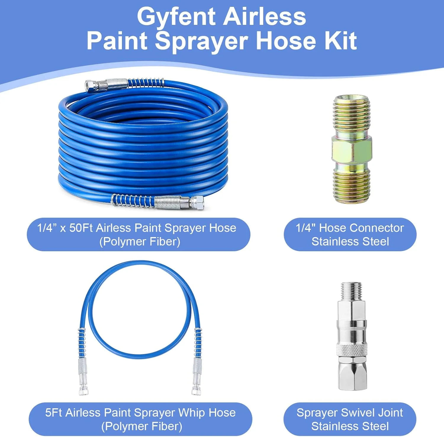 خرطوم مسدس الرش اللا هوائي 1/4 بوصة - ضغط العمل: 3300 رطل/بوصة مربعة - ضغط الانفجار: 8500 رطل/بوصة مربعة - موصل 1/4 بوصة ومفصل دوار - متوافق مع جميع مسدسات الرش اللا هوائية الرئيسية