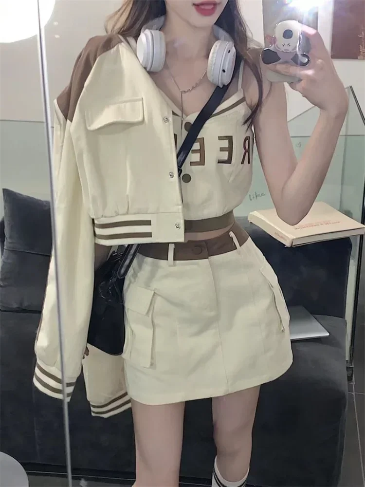 Hikigawa Chic Fashion Women 3 Sets Spring Striped Sweet Cool Y2k Baseball Clothes Jackets+Letter Camisole+High Waist Mini Skirt