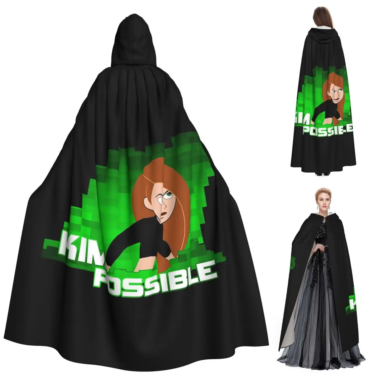 Kim Possible, cape longue à capuche verte, costume de sorcière médiéval, cape de cosplay, idéale pour Halloween, fête, adulte, unisexe.