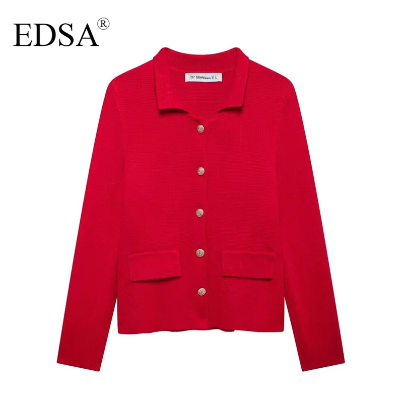 EDSA Women Buttoned Knit Cardigan Jacket Long Sleeves Front Welt Flap Pockets Single Breasted Sweater Coat for Autumn