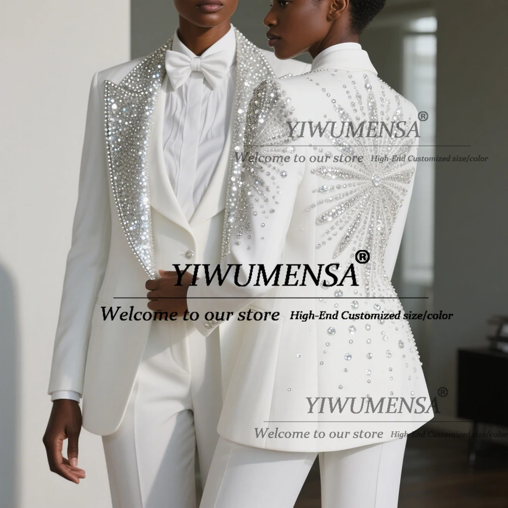 

Brilliant Sequins Crystals Mother Of The Bride Dresses Customized 3 Pieces Ivory Women Suits For Wedding Guest Party Clothing