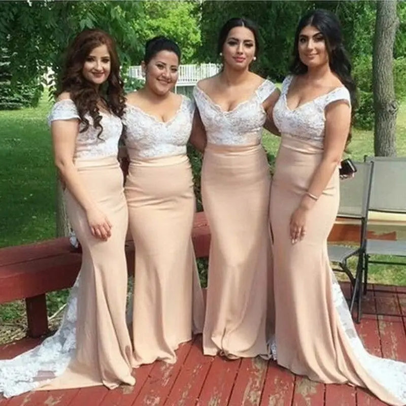 

Customized Peach Mermaid Long Bridesmaid Dresses Off The Shoulder White Lace Appliques African Maid of Honor Party Gowns YBD13