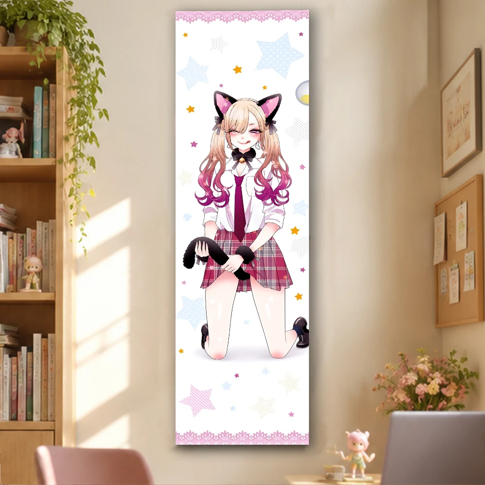 Kawaii Neko Cat Girl Tapestry Vertical Long Banner School Uniform Pink Blonde Hair Print Wall Hanging Aesthetic Background Cloth