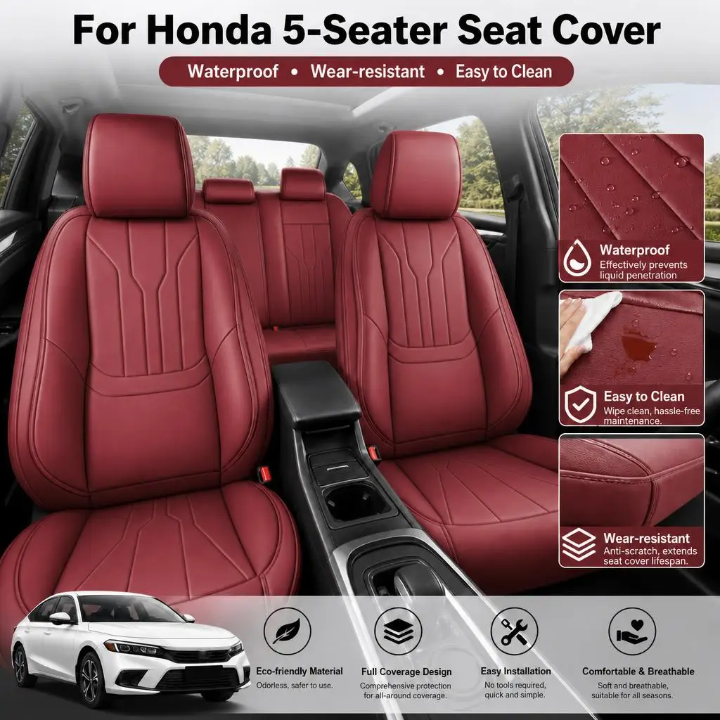 Custom Fit Full Set Car Seat Covers For Honda 5 Seats PU Leather Wine Red Front Rear Seat Protector Interior Pad