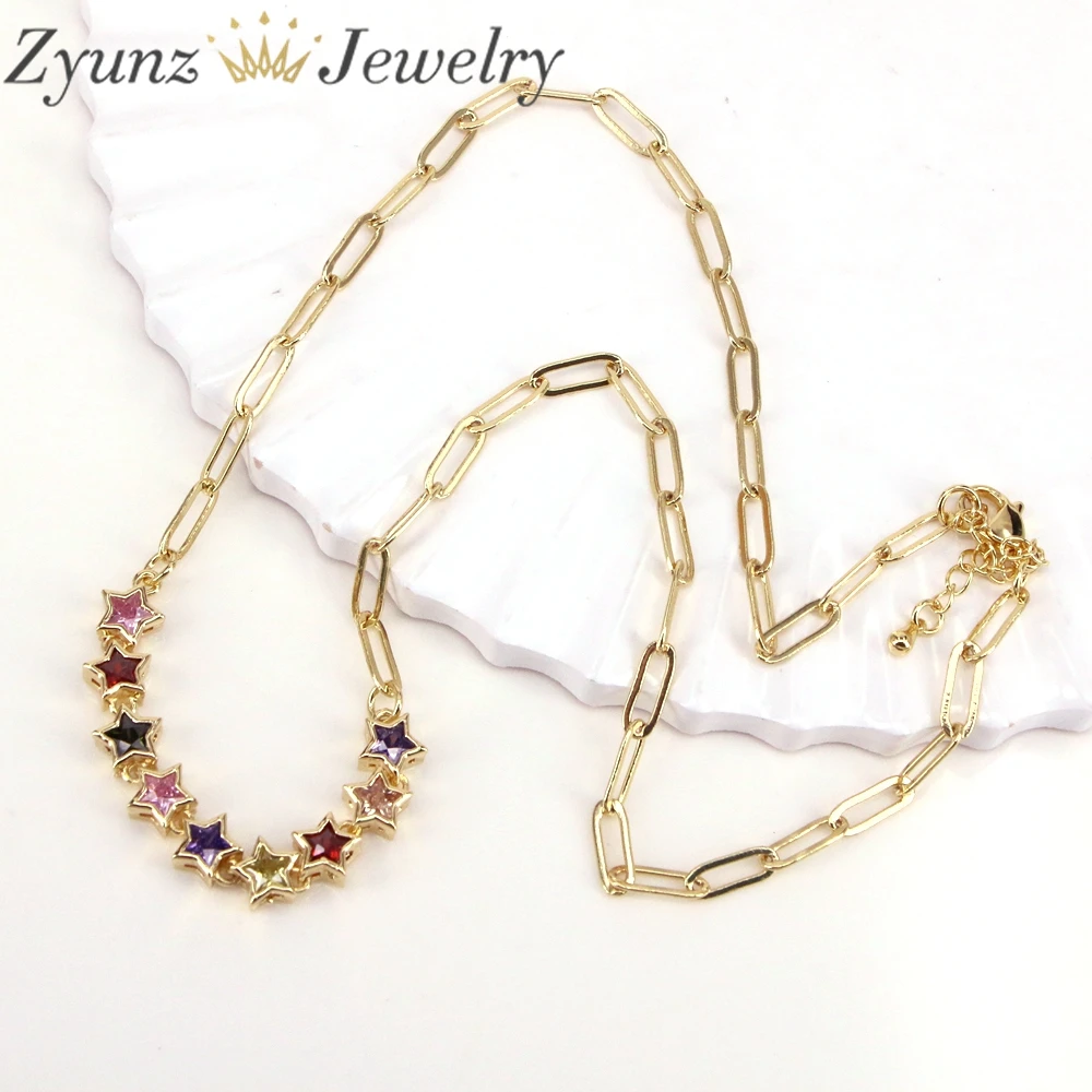 5PCS, Sparkling Colorful Oval / Star / Heart Zircon Paperclip Chain Necklaces For Women Link Chain Necklace Summer Jewelry