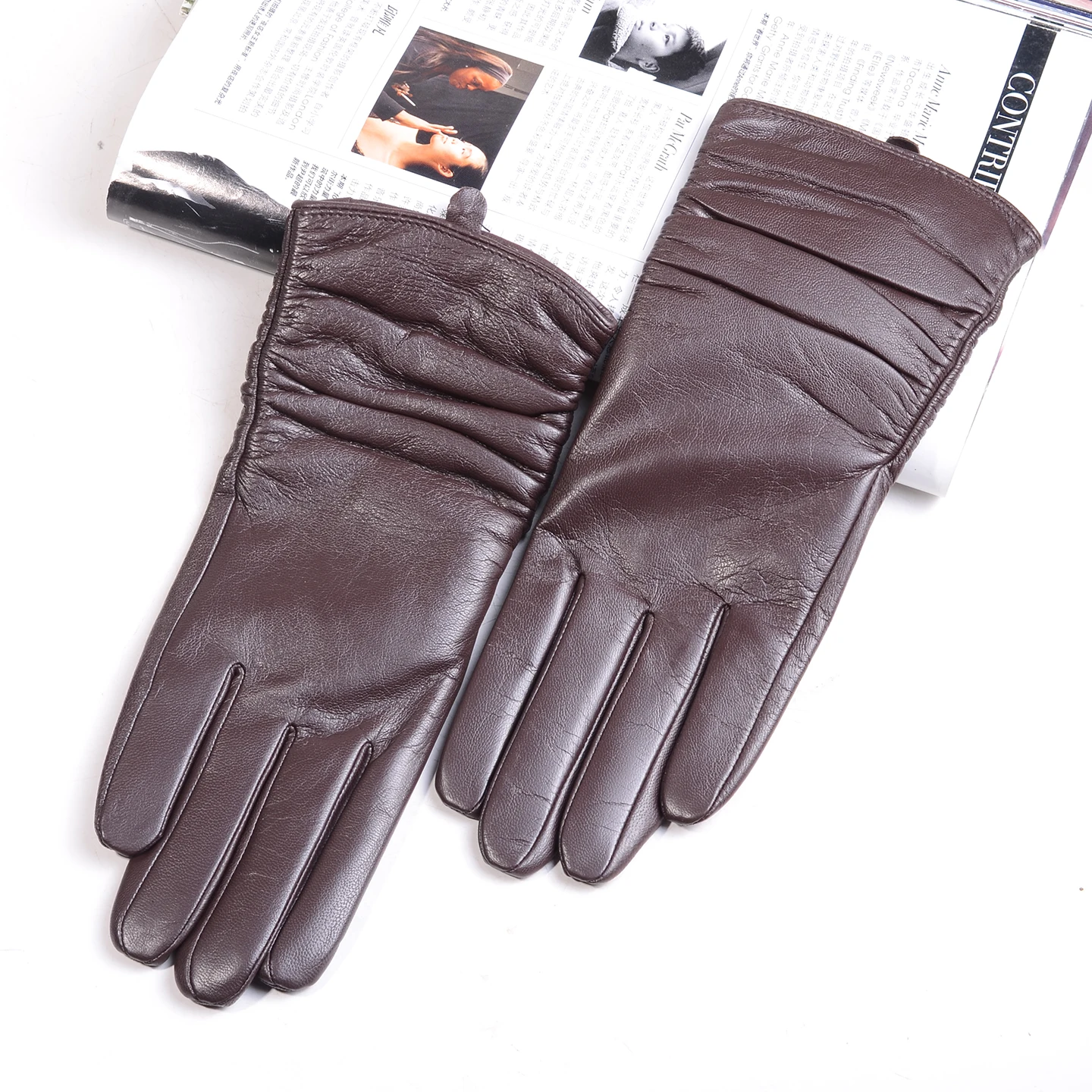 Women's Ladies 100% Real Leather Warm Winter Goat Skin Wrinkled Touch Screen Riding Extended Casual Fashion Long Gloves