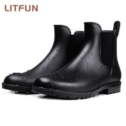 Botas de chuva Litfun-Chelsea para mulheres, botas de tornozelo brilhantes, dedo superior impermeável, elástico, sola baixa, antiderrapante, confortável, na moda