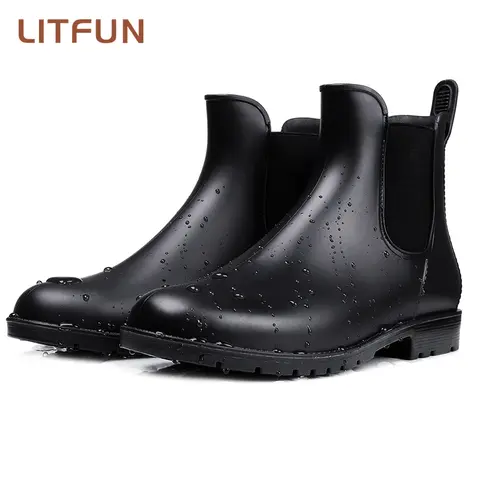 Litfun 여성 첼시 장화 반짝 이는 발목 부츠 방수 상단 발가락 탄성 밴드 낮은 단독 패션 미끄럼 방지 편안한 부츠