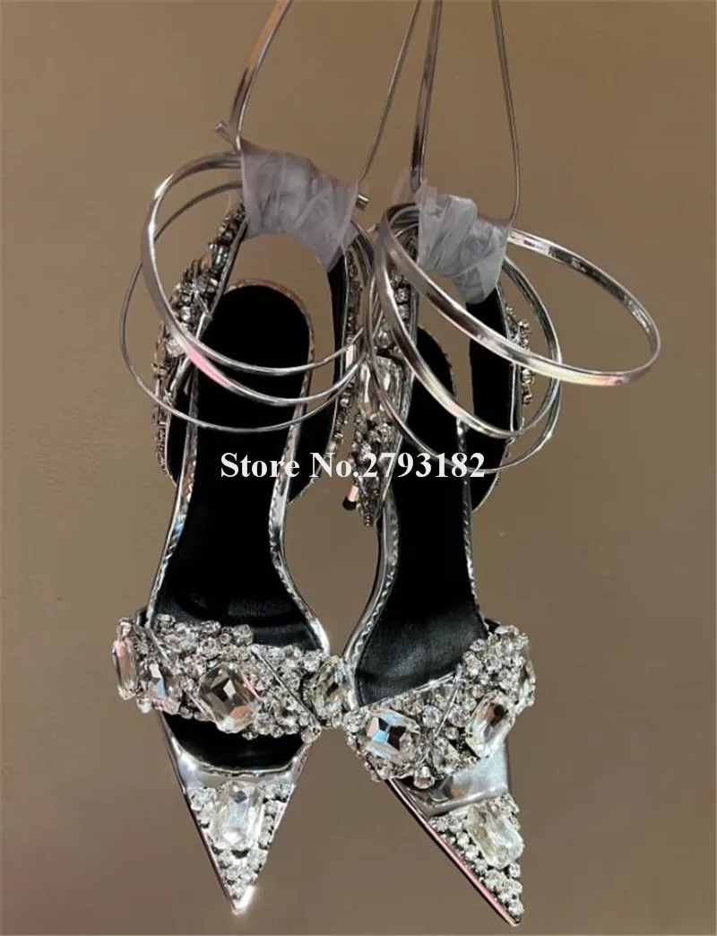 Big Diamonds Decorated Sandals Newest Pointed Open Toe Clear Rhinestones Stiletto Heel Party Heels Lace-up Rose Pink High Heels