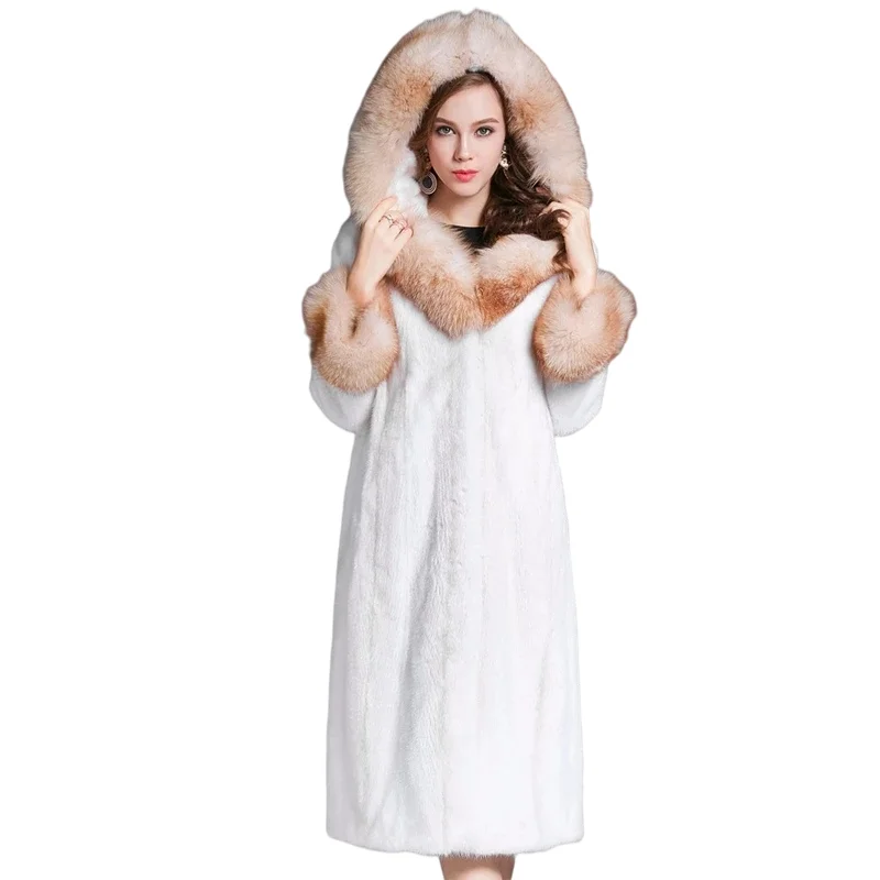 HQ Denmark natural real high-quality mink fur coat fox fur cap woman long section long-sleeved warm fashion mink coat