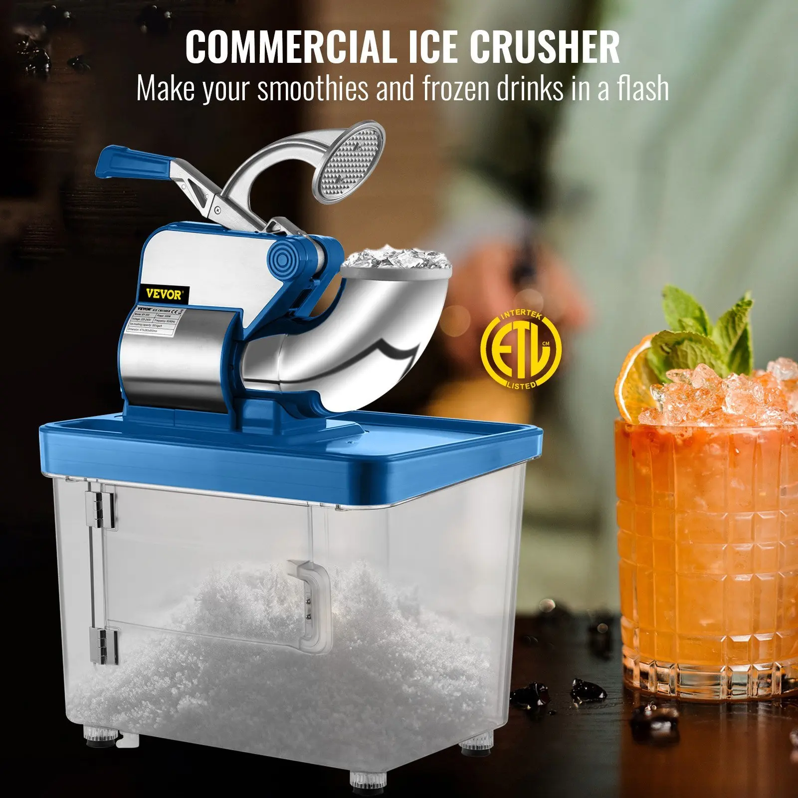 110V Commercial Ice Crusher 440LBS/H, ETL Approved 300W Electric Snow Cone Machine with Dual Blades, Stainless Steel Shave