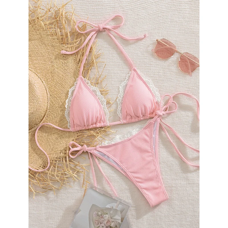 

New Style Thin Shoulder Strap Tie Rope Leaked Back Sexy Bikini Set Summer Beach Fashion Women's Swimsuit