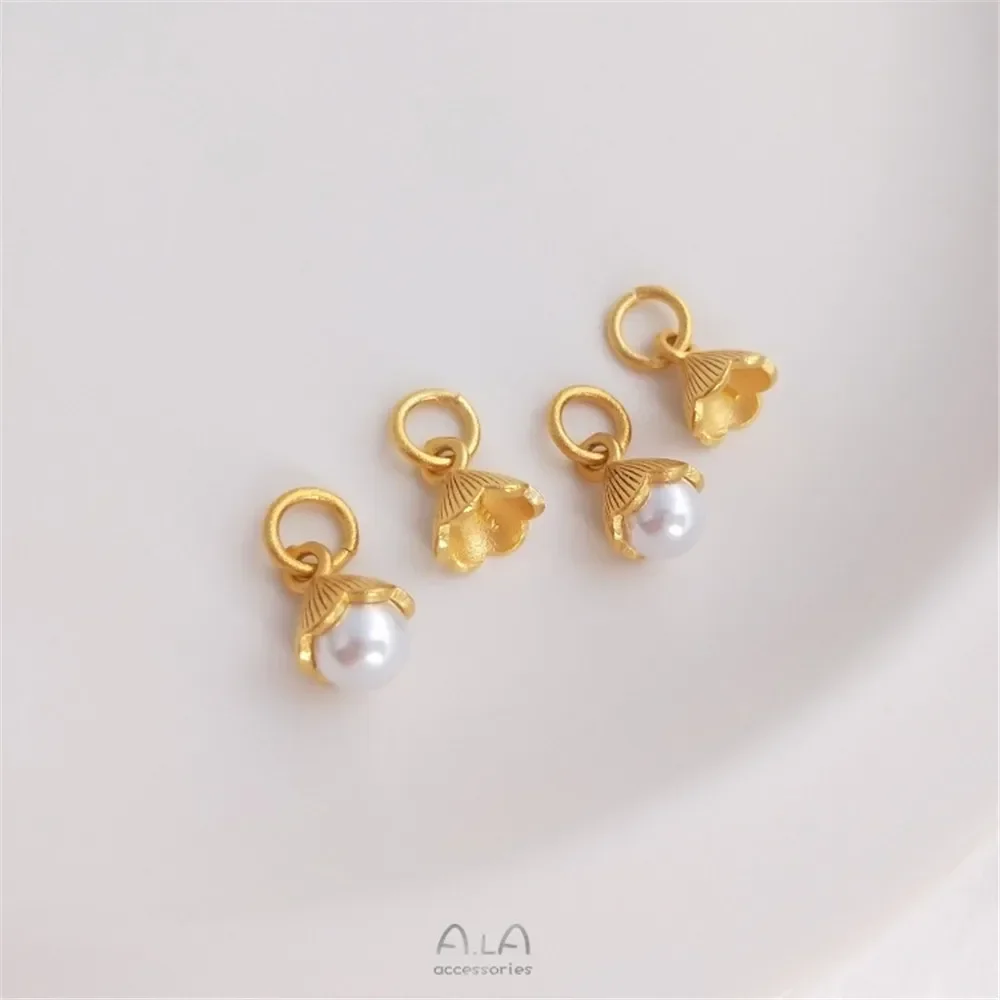 Sand Gold Half Hole Bead Cap, Flower Bud Pendant Pearl Jade Flower Holder DIY Handmade Jewelry Pendant Findings C099