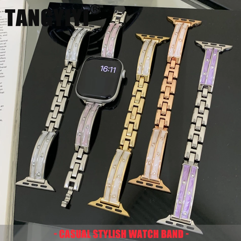 

Роскошный браслет из эпоксидной смолы с бриллиантами для Apple Watch Band S11/10/9/8/7/6/5/SE/Ultra, металлический ремешок для iWatch 49/46/45/44/42/41/40/38 мм