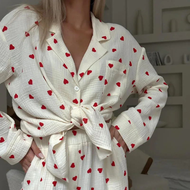 

Summer New Love Heart Print Pyjama 100% Cotton Long Sleeve Set 2Pcs Outfit Lapel Sleepwear Button Down Women's Pajamas Nightwear