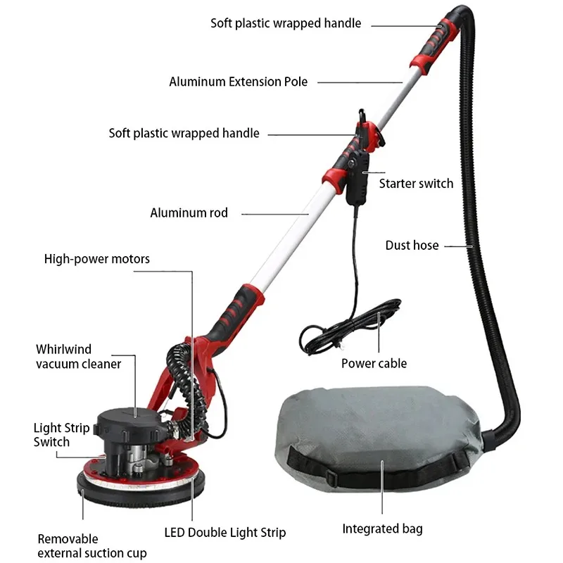 Electric Wall Sander with LED Extendable Handle for Wall Putty Sanding, Automatic Dust Collection Long-Handle Wall Sander